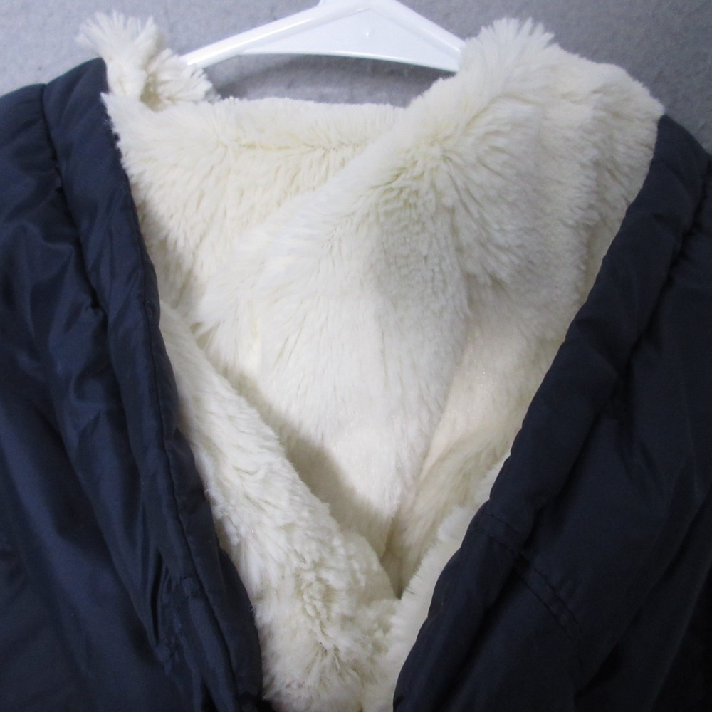American Eagle Puffer Vest Women Medium Blue Y2K Faux Fur Hood Patch Zip Nylon - Picture 12 of 13